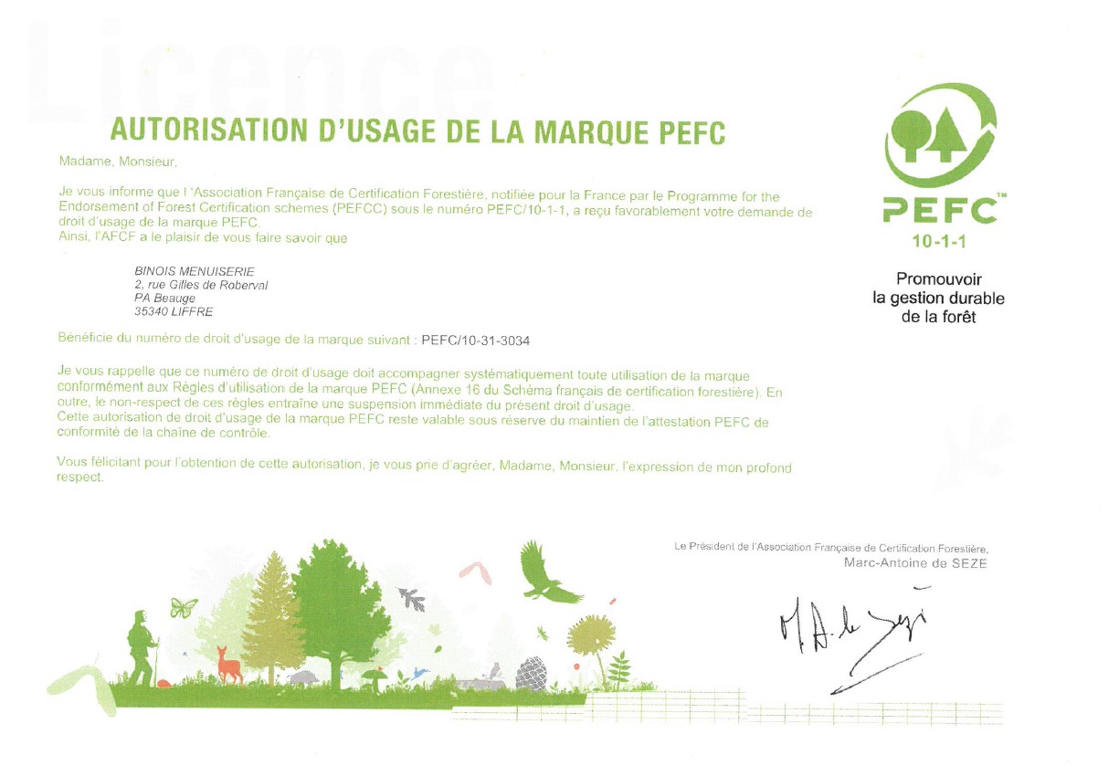 Autorisation d'usage de la marque PEFC